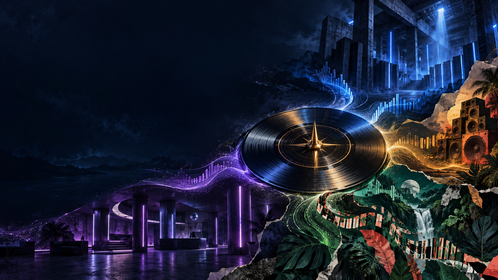 A vinyl-record compass connecting four genre worlds through luminous soundwave paths